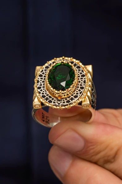 Oval Yeşil Taşlı 925 Gümüş Erkek Yüzük - Resim 5