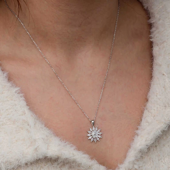 Gümüş Beyaz Manolya Çiçeği Kadın Kolye  SL9967 - Resim 7