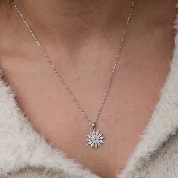 Gümüş Beyaz Manolya Çiçeği Kadın Kolye  SL9967 - Resim 5