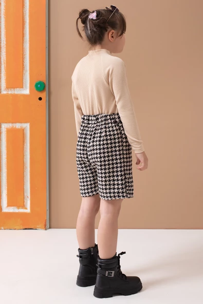 Krem Kazayağı Desenli Şort Etekli Badili Kız Çocuk Takım 19561 - 5