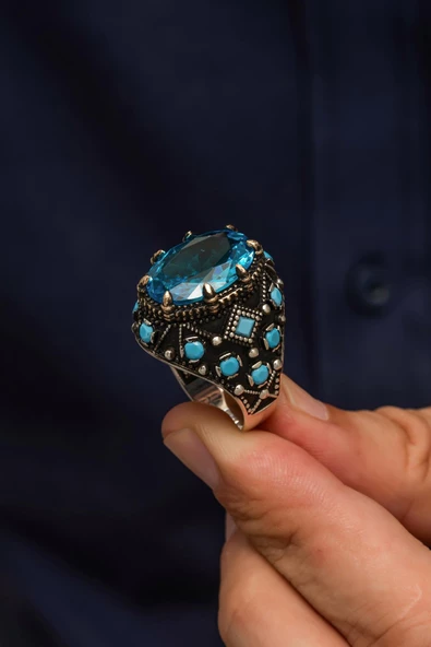 Aqua Mavi Taşlı 925 Gümüş Erkek Yüzük - Resim 4