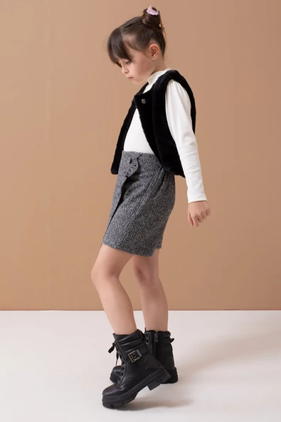 Siyah Peluş Yelekli Badili Kız Çocuk Şort Etekli Takım 19556 - 5