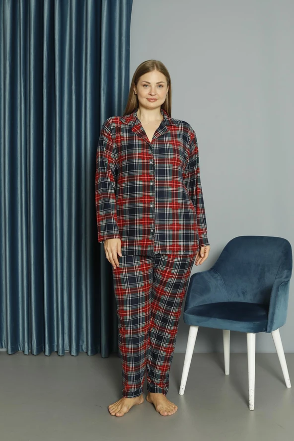 Yeni Model Düğmeli Büyük Beden Süet Kadın Pijama Takımı 13686-Kırmızı-Füme ürün görseli 1