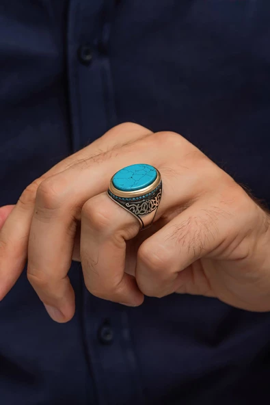 Oval Mavi Taşlı 925 Gümüş Erkek Yüzük - 3