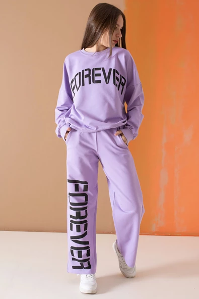 Lila Forever Yazı Baskılı Kız Çocuk Eşofman Takımı 19571 - 2
