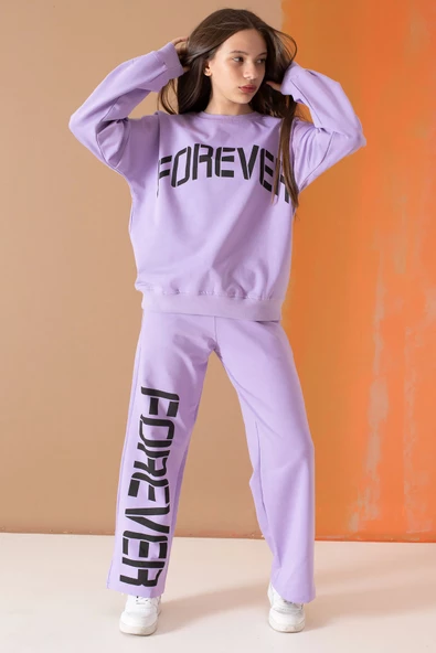 Lila Forever Yazı Baskılı Kız Çocuk Eşofman Takımı 19571 - 4
