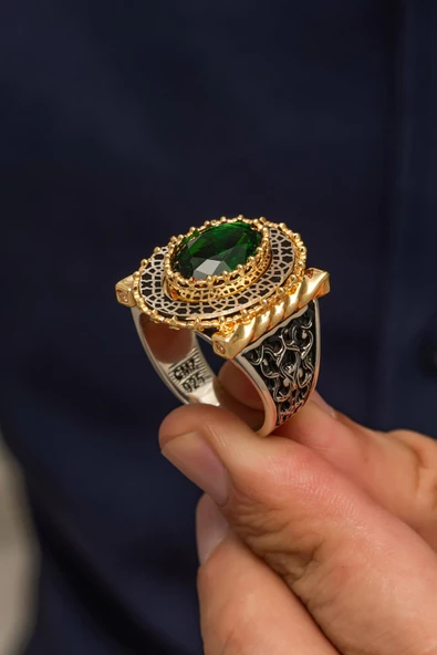 Oval Yeşil Taşlı 925 Gümüş Erkek Yüzük - Resim 6