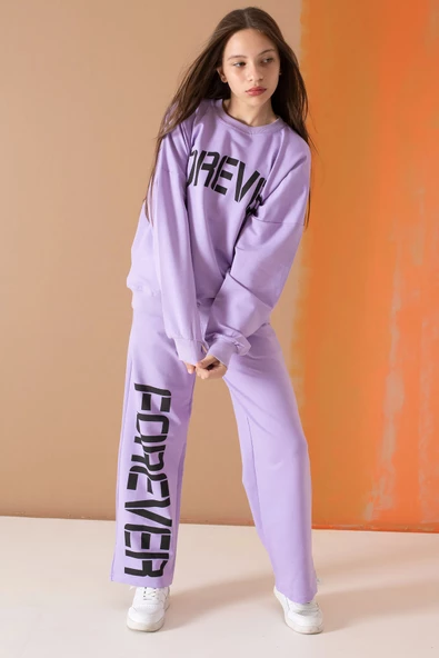 Lila Forever Yazı Baskılı Kız Çocuk Eşofman Takımı 19571 - 3