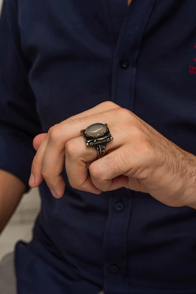 Yemen Akik Taşlı Elif Vav Motif 925 Gümüş Erkek Yüzük - Resim 3