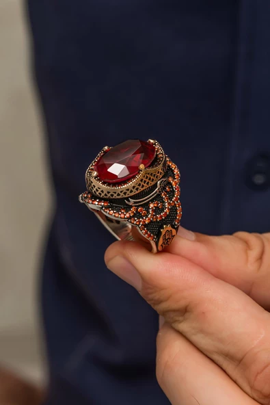 Kırmızı Taşlı Fatma Ana Eli Motif 925 Gümüş Erkek Yüzük - Resim 5