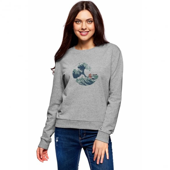 Küçük Deniz Kızı Ponyo Gake no Ue no Ponyo Baskılı Gri Kadın Örme Sweatshirt Uzun kol - 1