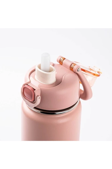 OKADI ÇIKARILABİLİR PİPETLİ PEMBE PASLANMAZ ÇELİK TERMOS 750ML - 2