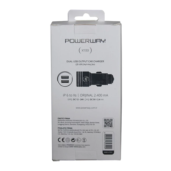 Powerway iPhone Hızlı Araç Şarj Cihazı 2.4A Çift Çıkışlı + 1M Kablo X1133 - 2