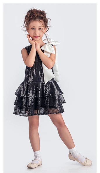 Yaka Fiyonk Işıltılı Pul Payet Kumaş Kız Çocuk Abiye Elbise M00702 - Resim 5