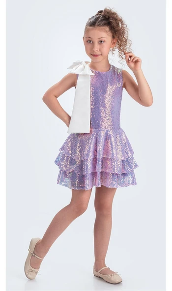 Yaka Fiyonk Işıltılı Pul Payet Kumaş Kız Çocuk Abiye Elbise M00702 - Resim 8