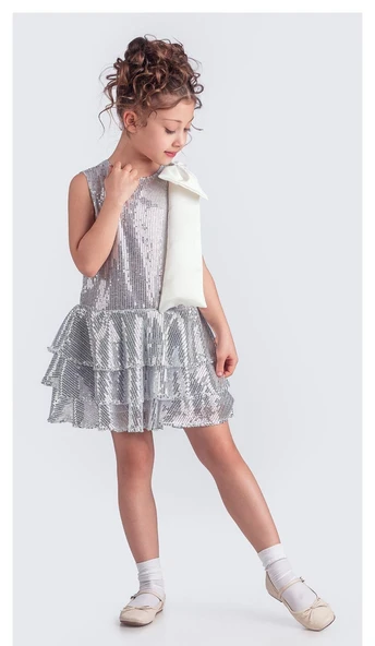 Yaka Fiyonk Işıltılı Pul Payet Kumaş Kız Çocuk Abiye Elbise M00702 - Resim 3