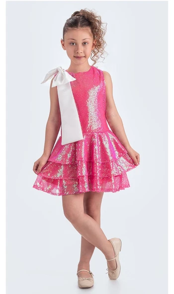 Yaka Fiyonk Işıltılı Pul Payet Kumaş Kız Çocuk Abiye Elbise M00702 - Resim 9