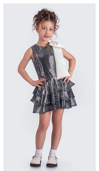 Yaka Fiyonk Işıltılı Pul Payet Kumaş Kız Çocuk Abiye Elbise M00702 - Resim 2