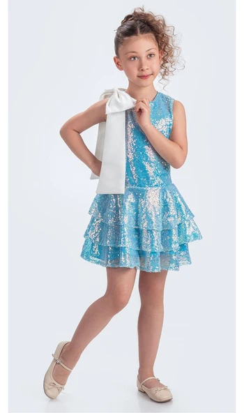 Yaka Fiyonk Işıltılı Pul Payet Kumaş Kız Çocuk Abiye Elbise M00702 - Resim 7