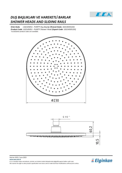Eca Purity Tepe Duş Başlığı (Ø 230 mm) 102145051 - 2