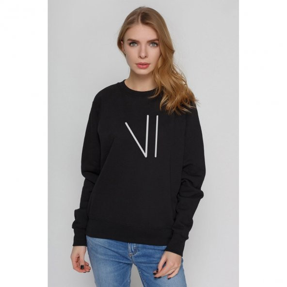 Türk Boyları Oguz Boylari Karkin Tamga Baskılı Siyah Kadın Örme Sweatshirt Uzun kol