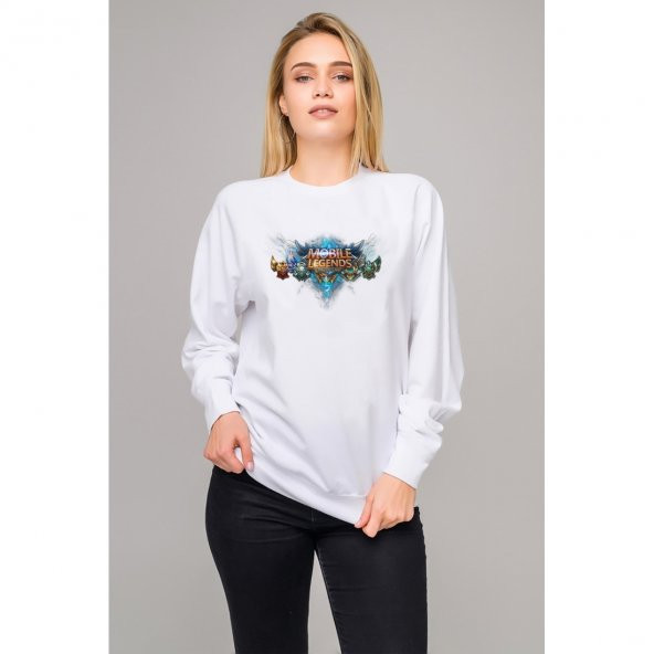 Lol Mobile Legends Bang Bang Baskılı Beyaz Kadın Örme Sweatshirt Uzun kol