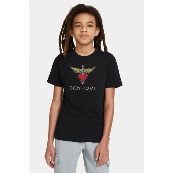 Bon Jovi Logo Baskılı Unisex Çocuk Siyah T-shirt - 1