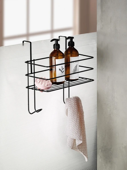 Ömür Boyu Paslanmaz Siyah Askılı Banyo Duş Rafı - Sabunluk ve Şampuanlık ürün görseli