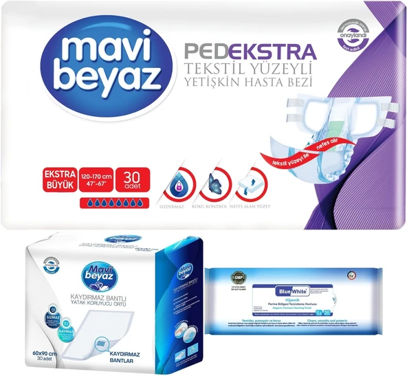 Mavi Beyaz Ped Ekstra Tekstil Yüzeyli Yetişkin Bel Bantlı Hasta Bezi XL 30 Adet+Yatak Korucu + Havlu