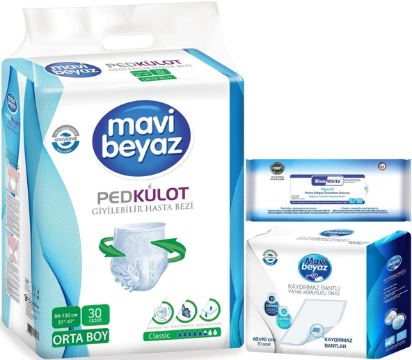 Mavi Beyaz Ped Emici Külot Hasta Bezi M 30 Adet + Yatak Koruyucu 30 Adet + Temizleme Havlusu 1 Pk