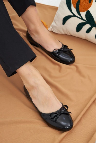 Kadın Babet Fiyonklu Siyah Rugan 5335 Tam Kalıp - 6