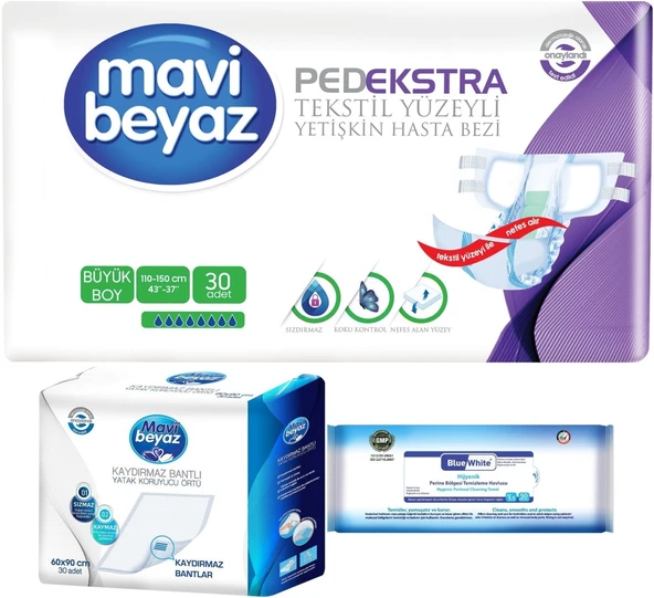 Mavi Beyaz Ped Ekstra Tekstil Yüzeyli Yetişkin Bel Bantlı Hasta Bezi L 30 Adet+ Yatak Korucu + Havlu