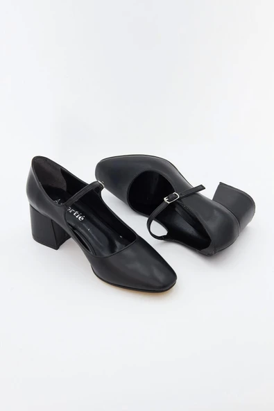 Kadın Klasik Ayakkabı 6cm Topuklu Siyah Cilt Tokalı Tam kalıp - 7