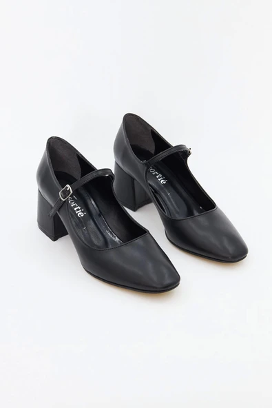 Kadın Klasik Ayakkabı 6cm Topuklu Siyah Cilt Tokalı Tam kalıp - 6