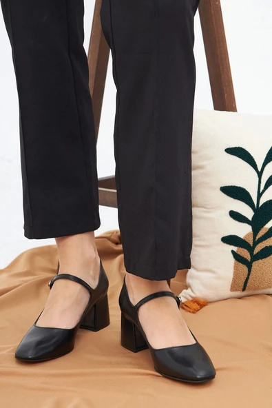 Kadın Klasik Ayakkabı 6cm Topuklu Siyah Cilt Tokalı Tam kalıp - 3