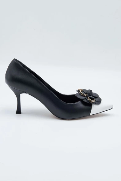 Kadın Abiye Ayakkabı Siyah Beyaz Tokalı 7cm Topuklu Tam Kalıp - 7