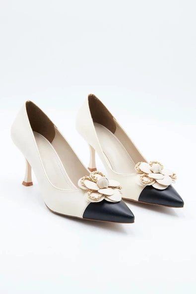 Kadın Abiye Ayakkabı Bej Siyah Tokalı 7cm Topuklu Tam Kalıp