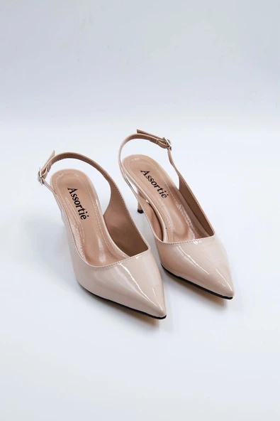 Kadın Abiye Stiletto Bej Rugan Sivri Burun Arka Açık 6cm Topuklu Tam Kalıp - 8