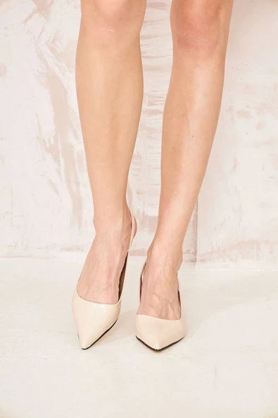 Kadın Abiye Stiletto Bej Rugan Sivri Burun Arka Açık 6cm Topuklu Tam Kalıp - 6