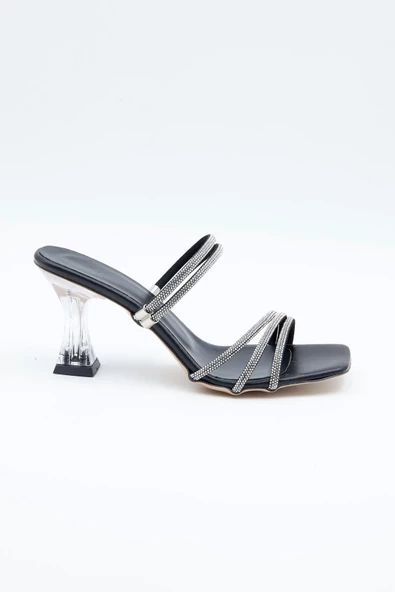 Kadın Abiye Ayakkabı Siyah Taş Detaylı Şeffaf 7cm Topuklu Tam Kalıp - 6