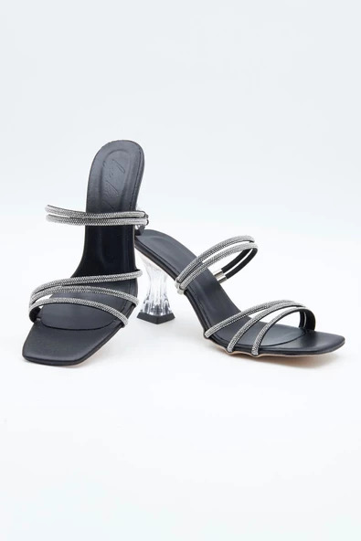 Kadın Abiye Ayakkabı Siyah Taş Detaylı Şeffaf 7cm Topuklu Tam Kalıp - 7