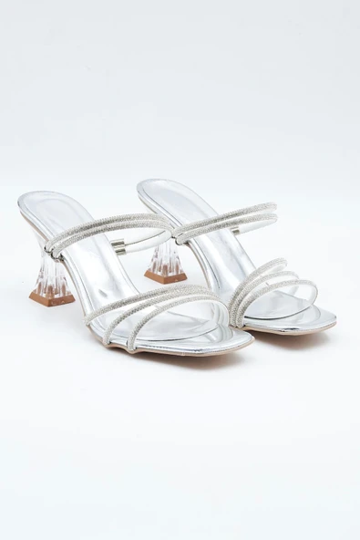 Kadın Abiye Ayakkabı Gümüş Taş Detaylı Şeffaf 7cm Topuklu Tam Kalıp - 7