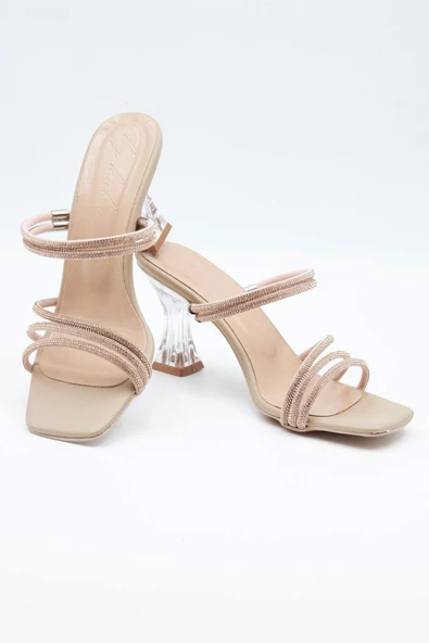 Kadın Abiye Ayakkabı Bej Taş Detaylı Şeffaf 7cm Topuklu Tam Kalıp - 7