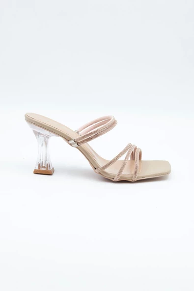 Kadın Abiye Ayakkabı Bej Taş Detaylı Şeffaf 7cm Topuklu Tam Kalıp - 6