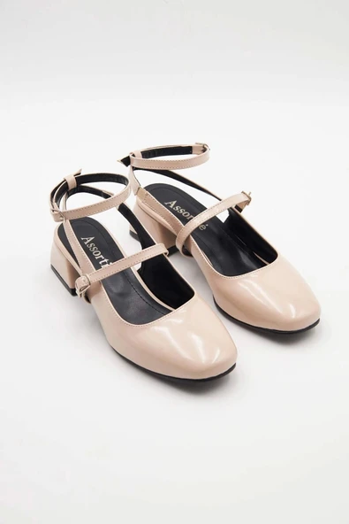 Kadın Babet Bej Rugan Kare Burun Tokalı Bağlamalı 4cm Topuklu Tam kalıp - 8