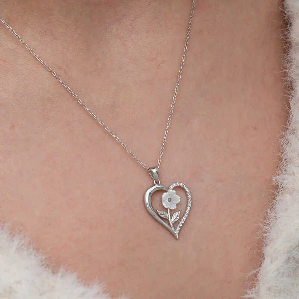 Gümüş Kalpli Beyaz Gül Kadın Kolye  SL9971 - Resim 12