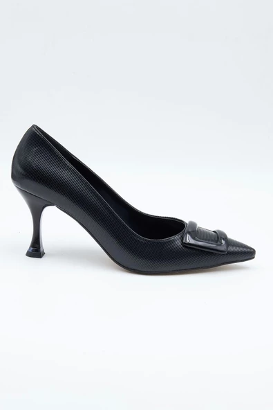 Kadın Abiye Ayakkabı Siyah Dokulu 7cm Topuklu Tam Kalıp - 7