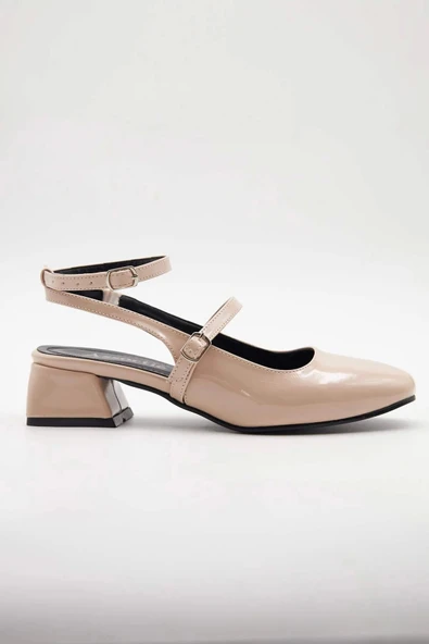 Kadın Babet Bej Rugan Kare Burun Tokalı Bağlamalı 4cm Topuklu Tam kalıp - 2