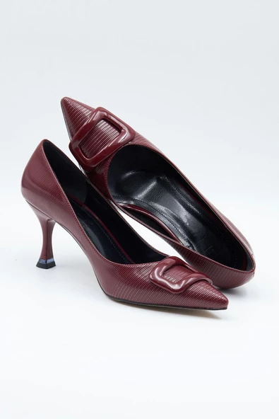 Kadın Abiye Ayakkabı Bordo Dokulu 7cm Topuklu Tam Kalıp - 5
