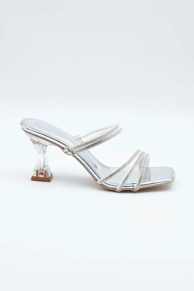Kadın Abiye Ayakkabı Gümüş Taş Detaylı Şeffaf 7cm Topuklu Tam Kalıp - 8